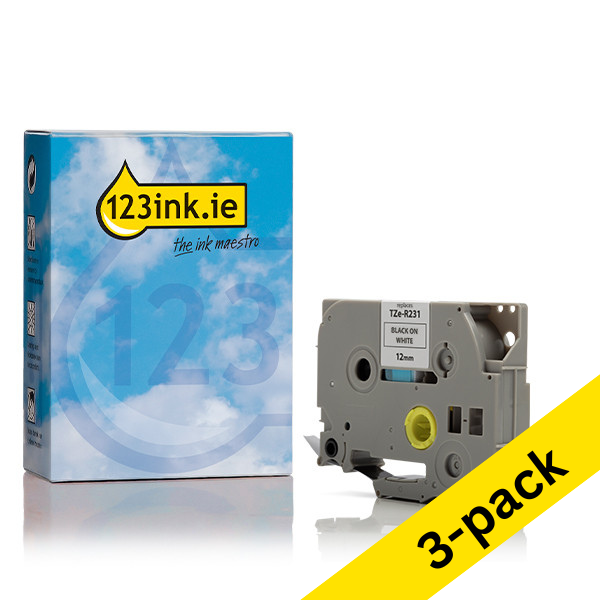 123ink version replaces Brother TZe-R231 black on white tape, 12mm (3-pack)  080994 - 1
