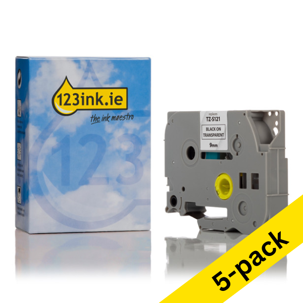 123ink version replaces Brother TZe-S121 extra adhesive black on transparent tape, 9mm | 5-pack 650848 - 1
