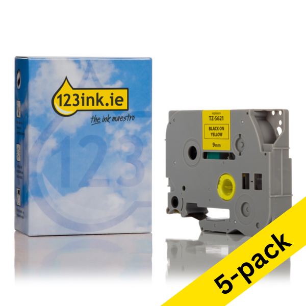 123ink version replaces Brother TZe-S621 extra adhesive black on yellow tape, 9mm | 5-pack 650853 - 1