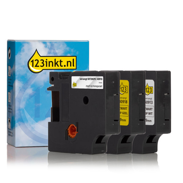 123ink version replaces Dymo D1 self-adhesive polyester tape multipack, 9mm S0720670C S0720680C S0720730C 089229 - 1