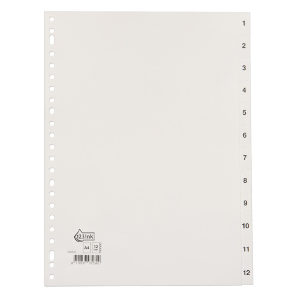 123ink white A4 plastic tabs with indexes 1-12 (23 holes) 100153C 300522 - 1