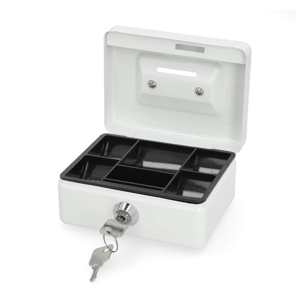 123ink white steel cash box with coin slot, 12.5cm x 9.5cm x 6cm 302934 - 2