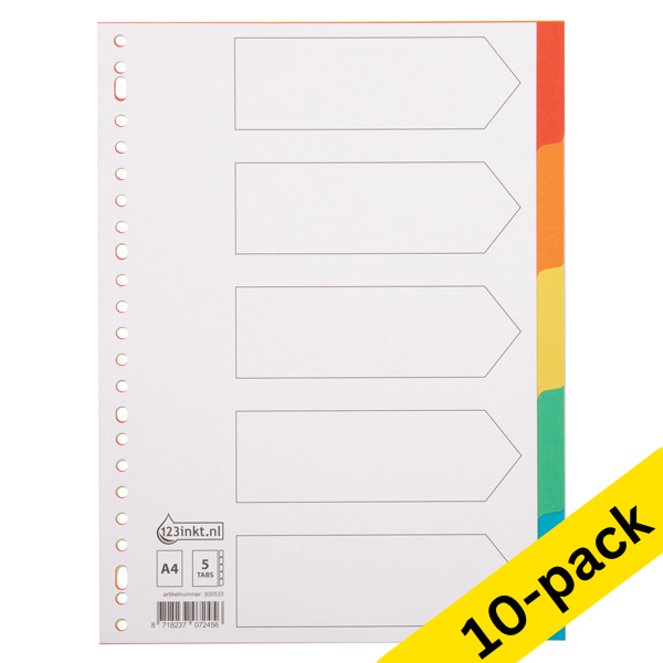 123ink white/coloured A4 cardboard tabs with 5 tabs (23 holes) (10 x 10-pack)  300574 - 1