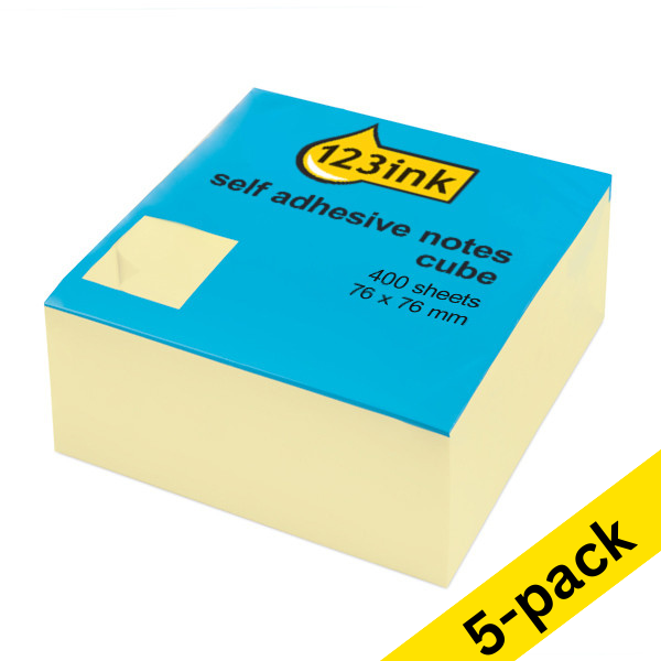123ink yellow self-adhesive notes cube, 400 sheets, 76mm x 76mm (5-pack)  301078 - 1