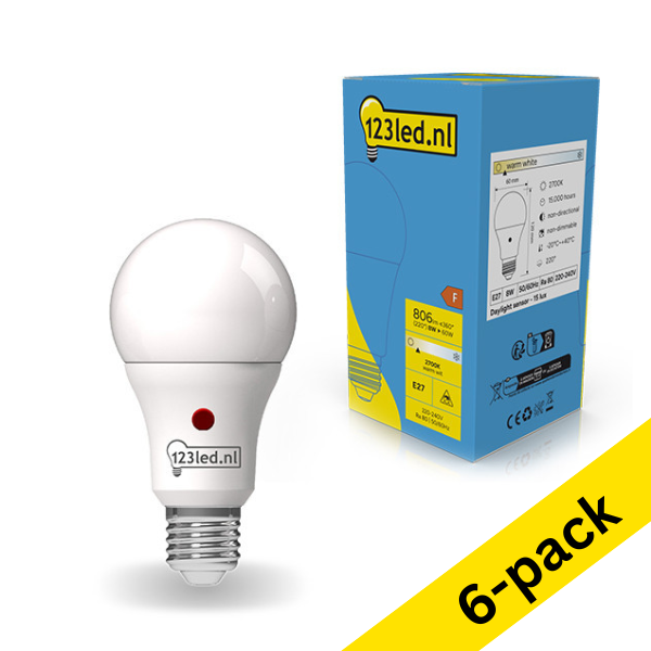 123led E27 LED matte pear bulb with daylight sensor 8W (60W) (6-pack) LDR01845 - 1