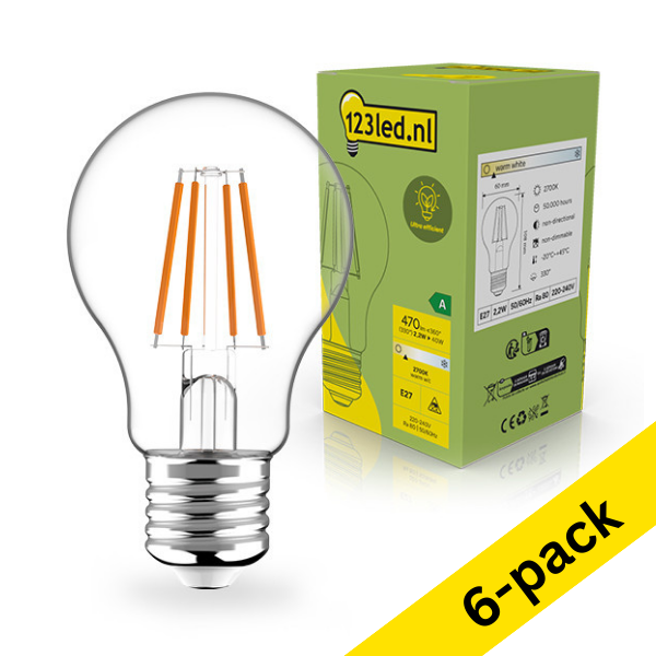 123led Ultra Efficient E27 LED clear filament pear bulb 2.2W (40W) | 2700K (6-pack) LDR02399 - 1