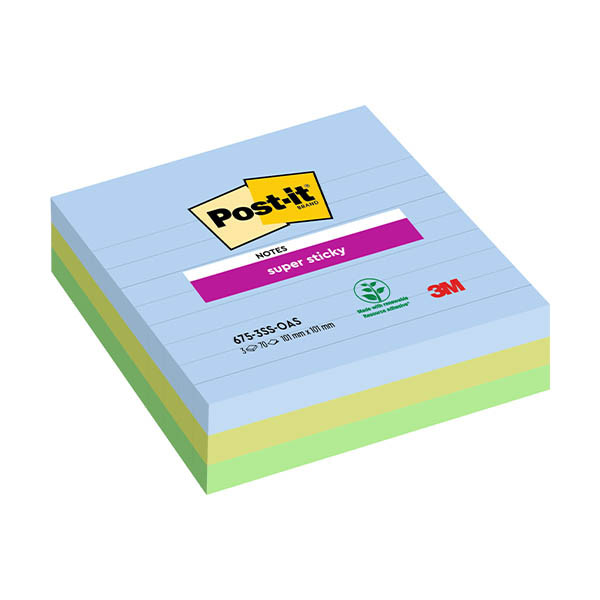 Extra Sticky Notes 101 x 101mm | 70 sheets 'Oasis' coloured lined | 3M Post-it | 3-pack 425634 - 1