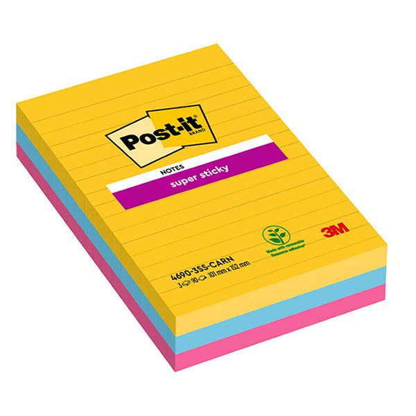 Extra Sticky Notes 101 x 152mm | 90 sheets lined 'Rio' coloured | 3M Post-it | 3-pack 201064 - 1