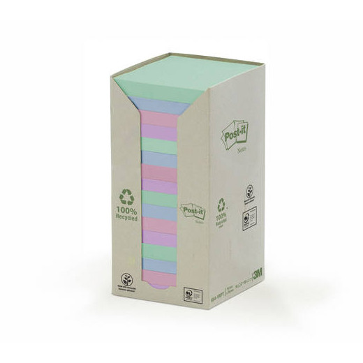 3M Post-it Notes assorted colours recycled tower, 100 sheets, 76mm x 76mm (16-pack) 654-1RPT 201392 - 1
