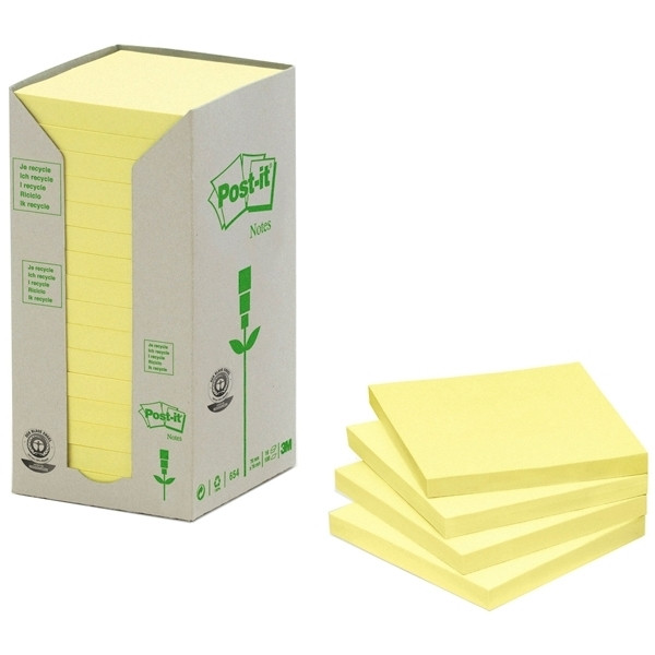 3M Post-it Notes yellow recycled tower, 100 sheets, 76mm x 76mm (16-pack) 654-1T 201390 - 1