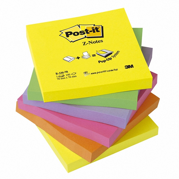 3M Post-it assorted neon Z-notes, 100 sheets, 76mm x 76mm (6-pack) R330NR 201020 - 1