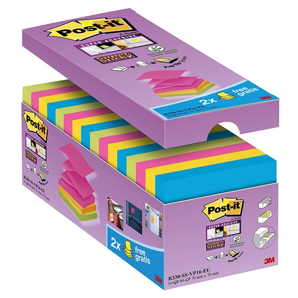 3M Post-it coloured super sticky Z-notes, 90 sheets, 76mm x 76mm (16-pack) S33016 201018 - 1