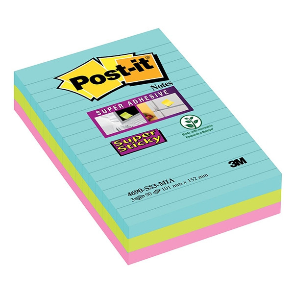 3M Post-it super sticky line 'Miami' notes, 90 sheets, 101mm x 152mm (3-pack) 469SSMI 201062 - 1