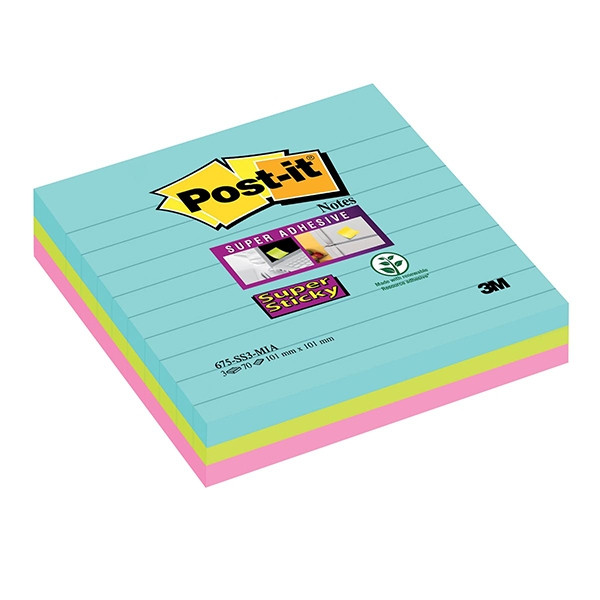 3M Post-it super sticky lined 'Miami' notes, 90 sheets, 101mm x 101mm (3-pack) 675SSMI 201066 - 1