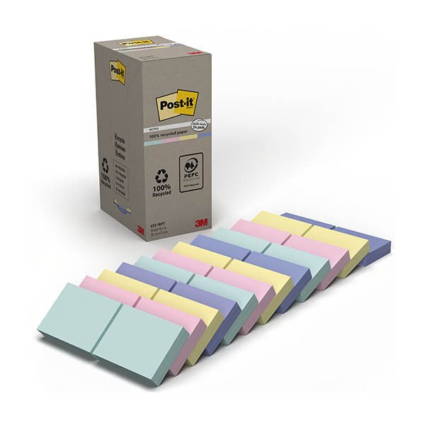 Recycled Sticky Notes 38 x 51mm | 100 sheets assorted | 3M Post-it | 24-pack 201386 - 1