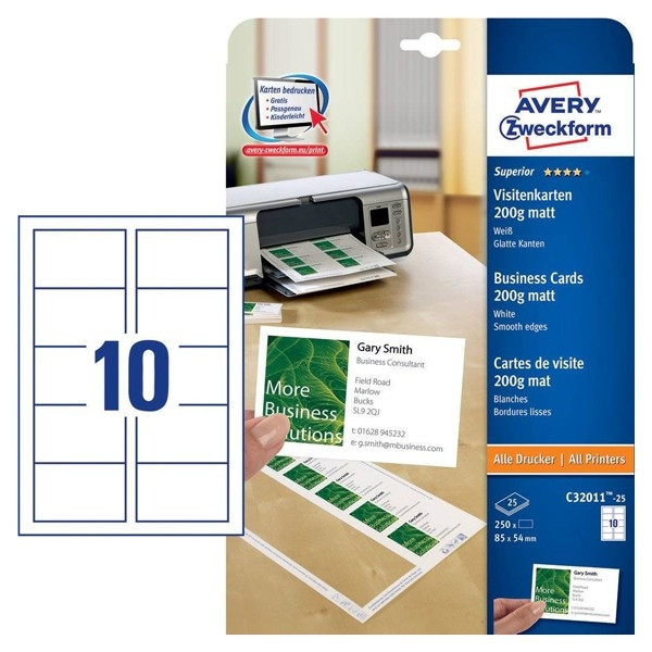 AveryC32011-25 matte white business cards, 85mm x 54mm (250-pack) C32011-25 212782 - 1