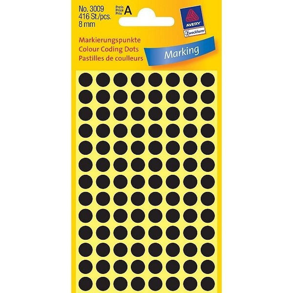 Avery 3009 black marking dots, Ø 8mm (416 labels)(10-pack) 212916 - 1