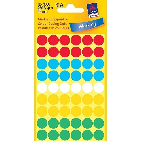 Avery 3088 assorted coloured marking dots, Ø 12mm (270 labels) 3088 212358 - 1