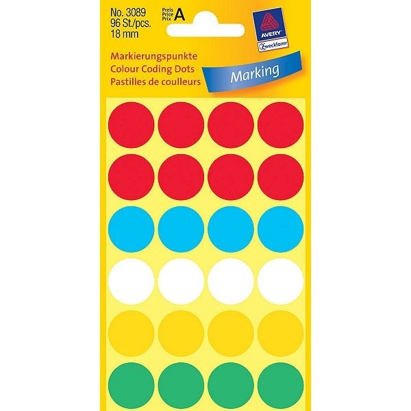 Avery 3089 Ø 18 mm assorted coloured marking dots (96 labels) 3089 212388 - 1