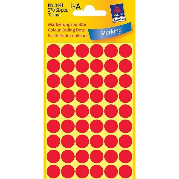 Avery 3141 red marking dots, Ø 12mm (270 labels)(10-pack) 212933 - 1