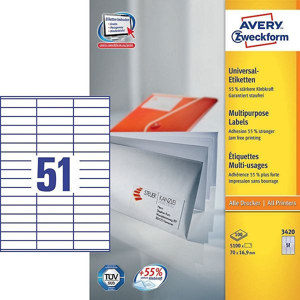 Avery 3420 multi-purpose labels 70 x 16.9 mm (5100 labels) 3420 212034 - 1