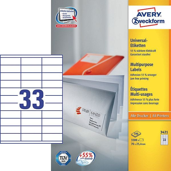 Avery 3421 multi-purpose labels 70 x 25.4 mm (3300 labels) 3421 212036 - 1