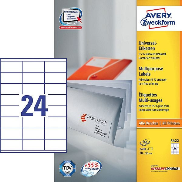 Avery 3422 labels multi-purpose labels, 70mm x 35mm white (2400 labels) 3422 212470 - 1