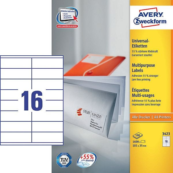 Avery 3423 multi-purpose labels, 105mm x 35mm (1600 labels) 3423 212002 - 1