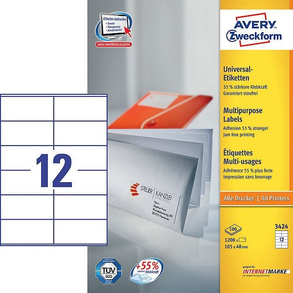Avery 3424 multi-purpose labels, 105mm x 48mm (1200 labels) 3424 212010 - 1