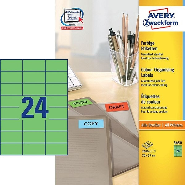 Avery 3450 green multi-purpose labels 70mm x 37mm (2400 labels) 3450 212078 - 1