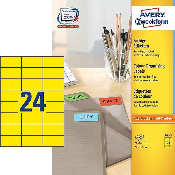 Avery 3451 multi-purpose labels, 70mm x 37mm yellow (2400 labels) 3451 212080 - 1