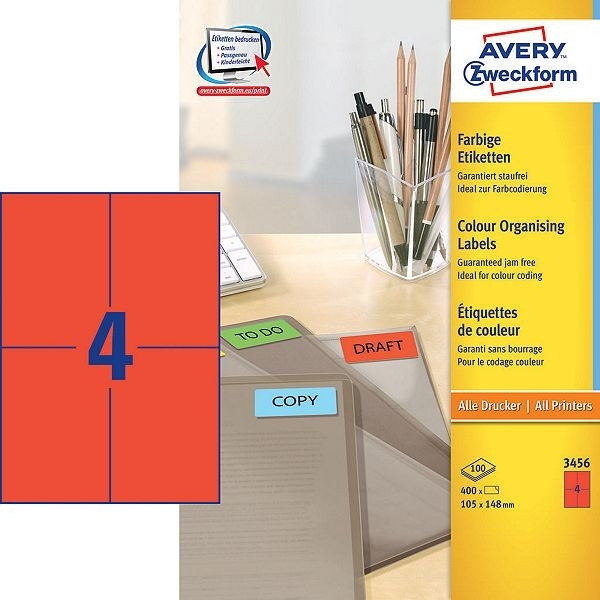 Avery 3456 red multi-purpose labels, 105mm x 148 mm (400 labels) 3456 212092 - 1