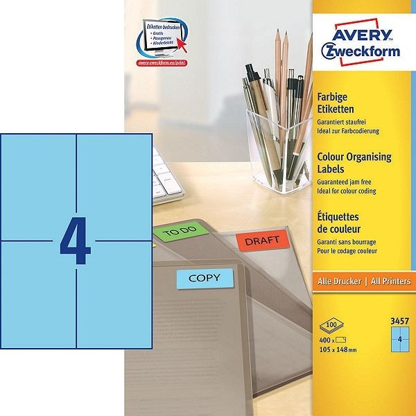 Avery 3457 blue multi-purpose labels, 105mm x 148mm (400 labels) 3457 212254 - 1