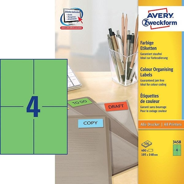 Avery 3458 green multi-purpose labels, 105mm x 148mm (400 labels) 3458 212256 - 1