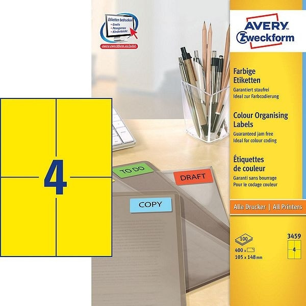Avery 3459 yellow multi-purpose labels, 105mm x 148mm (400 labels) 3459 212094 - 1