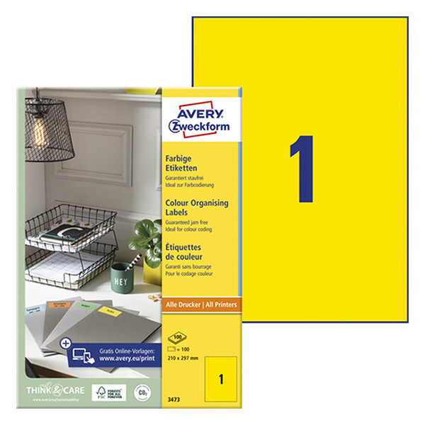 Avery 3473 multi-purpose labels 210 x 297 mm yellow (100 labels) 3473 212252 - 1