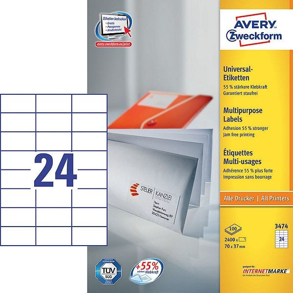 Avery 3474 multi-purpose labels, 70mm x 37mm white (2400 labels) 3474 212042 - 1