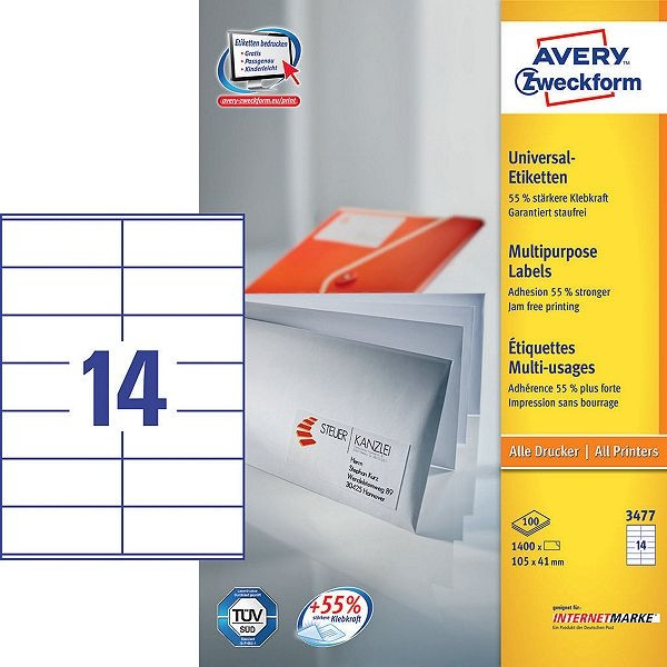 Avery 3477 multi-purpose labels, 105mm x 41mm (1400 labels) 3477 212006 - 1