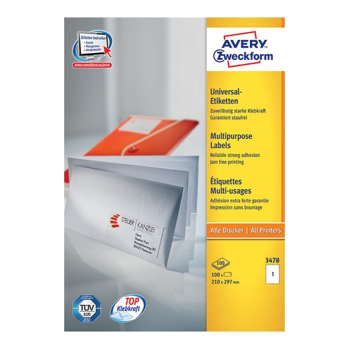 Avery 3478 multi-purpose labels 210mm x 297mm (100 labels) 3478 212020 - 1