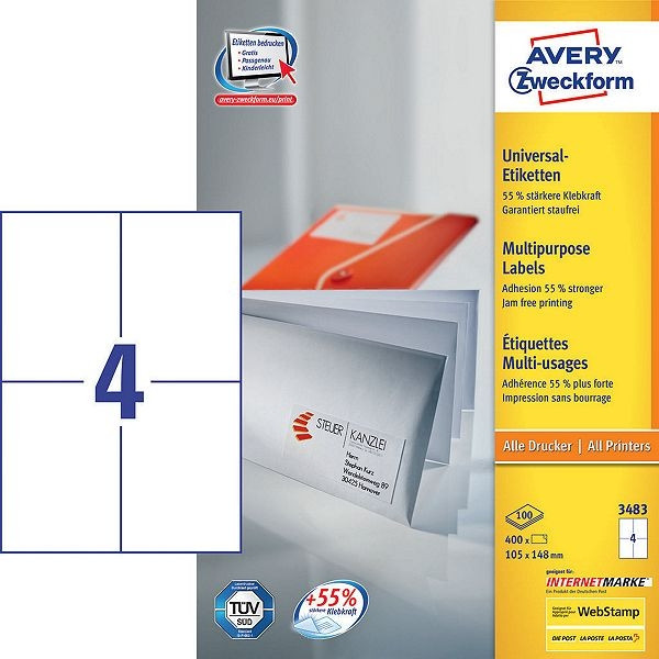 Avery 3483 white multi-purpose labels, 105mm x 148mm (400 labels) 3483 212000 - 1