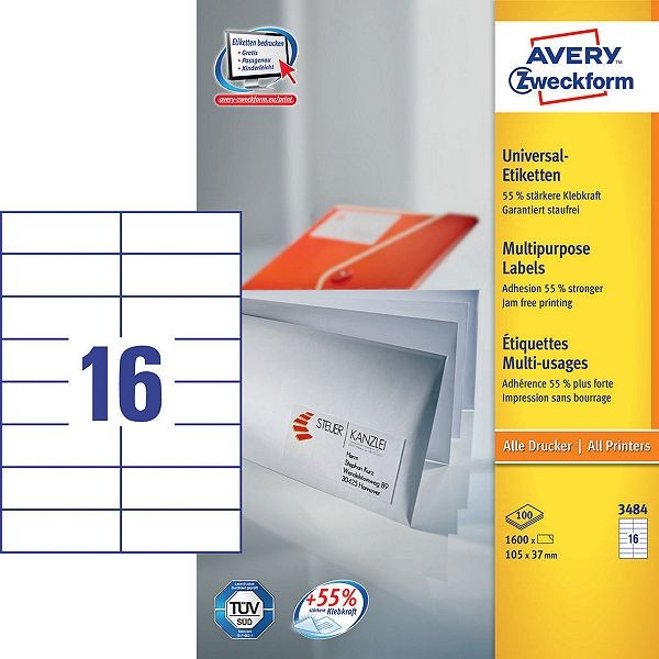 Avery 3484 multi-purpose labels 105 x 37 mm white (1600 labels) 3484 212004 - 1