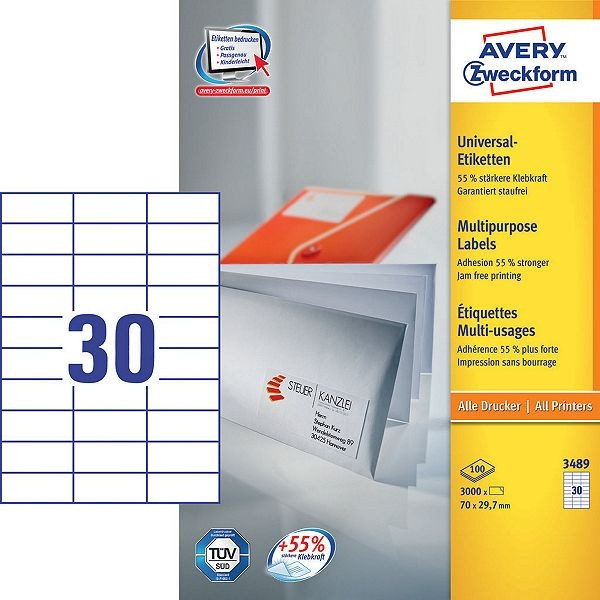 Avery 3489 multi-purpose labels, 70mm x 29.7mm (3000-pack) 3489 212480 - 1