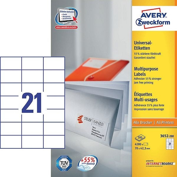Avery 3652-200 multi-purpose labels 70 x 42.3 mm (4200 labels) 3652-200 212484 - 1