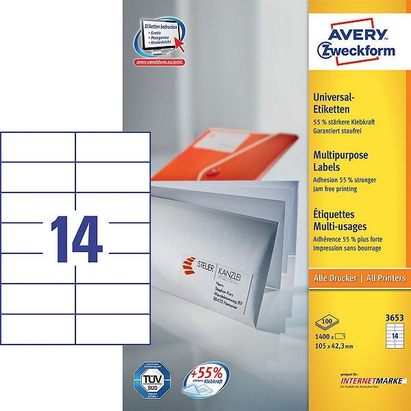 Avery 3653 multi-purpose labels 105 x 42.3 mm (1400 labels) 3653 212008 - 1