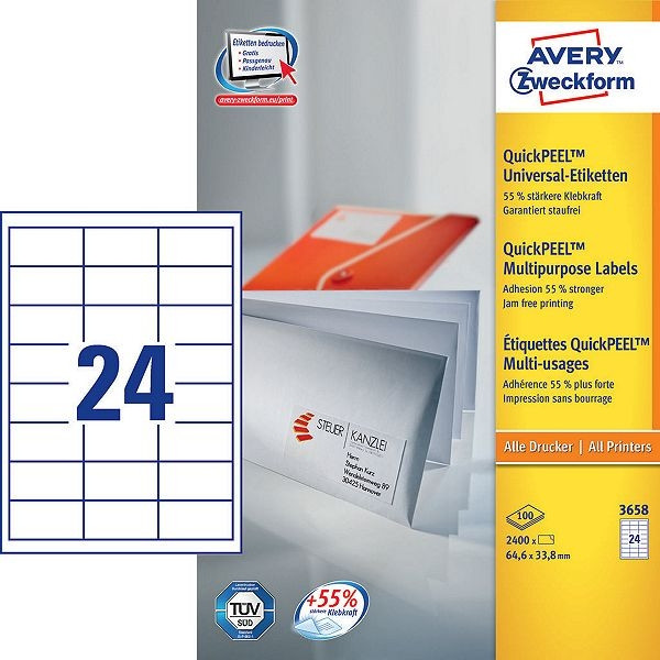 Avery 3658 multi-purpose labels 64.6 x 33.8 mm (2400 labels) 3658 212032 - 1