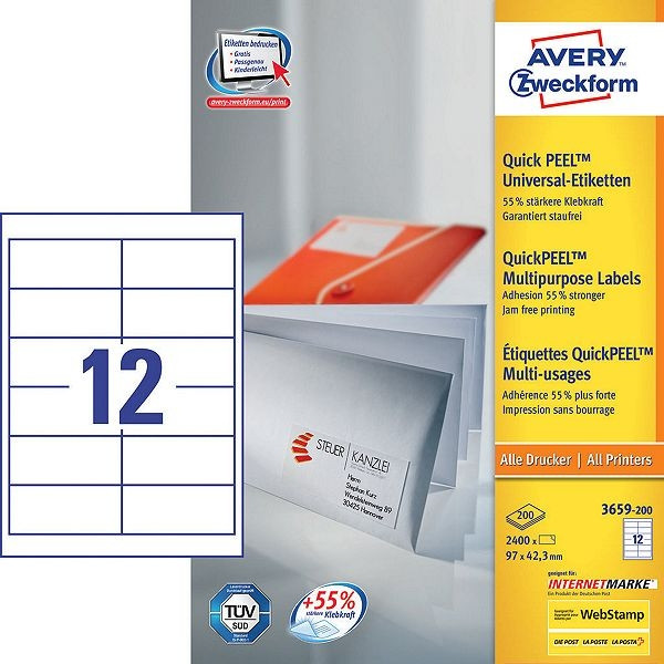 Avery 3659 multi-purpose labels, 97mm x 42.3mm (1200 labels) 3659 212052 - 1