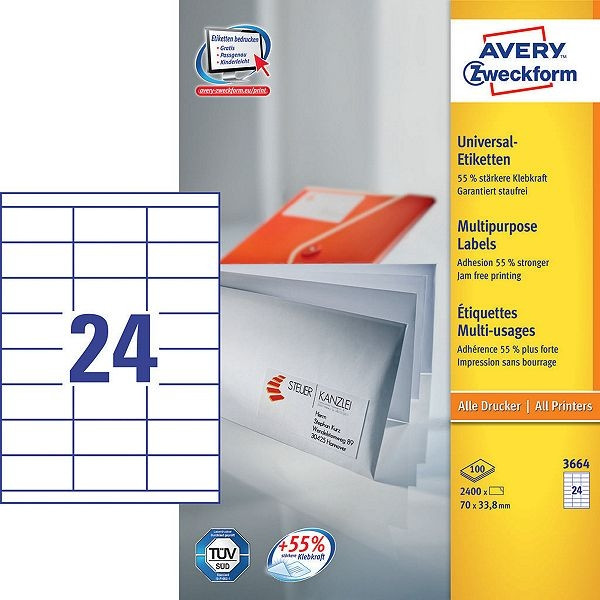 Avery 3664 multi-purpose labels, 70mm x 33.8mm (2400 labels) 3664 212490 - 1