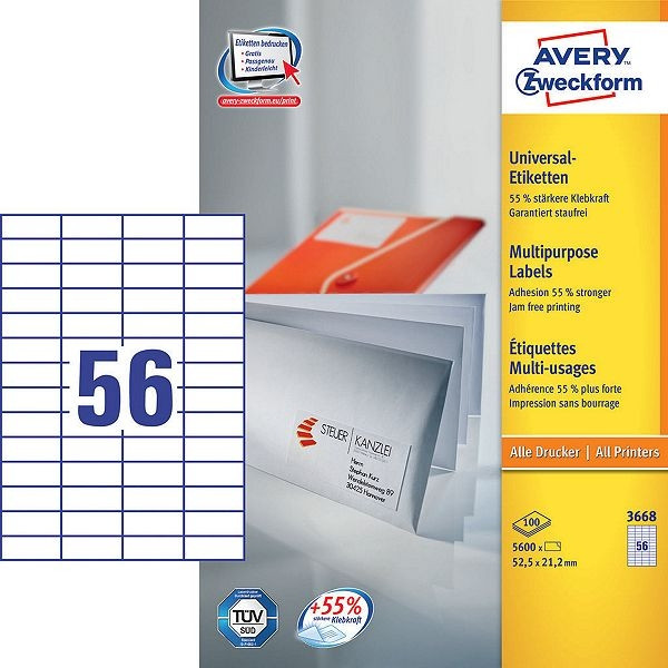 Avery 3668 multi-purpose labels 52.5 x 21.2 mm (5600 labels) 3668 212030 - 1
