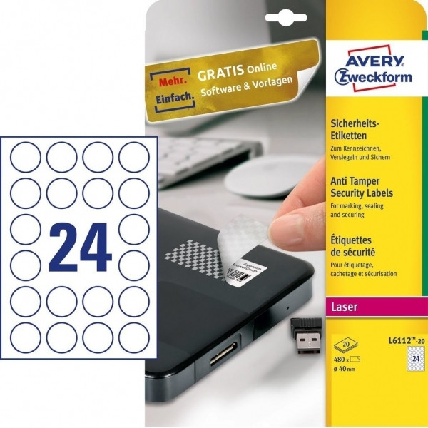 Anti-fraud labels (Ø 40mm) | Avery L6112-20 | 480 labels 212744 - 1