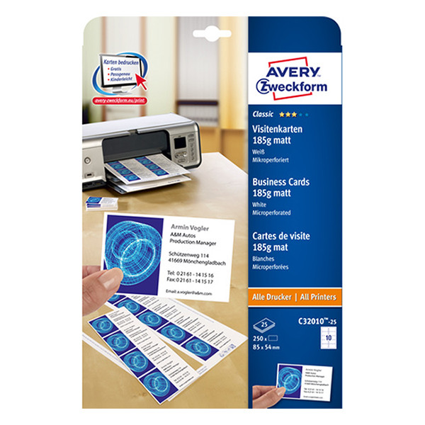 Avery C32010-25 satin white micro perforation business cards, 85mm x 54mm (250-pack) C32010-25 212780 - 1